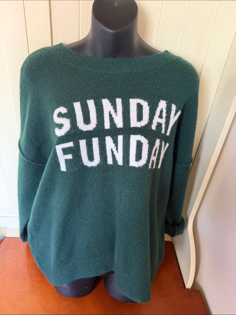 Vince Camuto Deep Green Crewneck Sweater with White SUNDAY FUNDAY Text